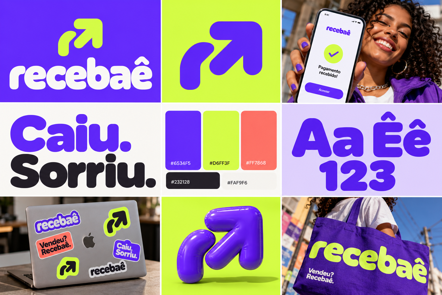 Brand kit Recebaê: marca jovem com violeta elétrico, verde-lima e coral, tipografia arredondada e aplicações em celular, adesivos e tote bag